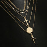 Fashion layered chain necklace with cross and rose pendant
