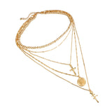 Fashion layered chain necklace with cross and rose pendant
