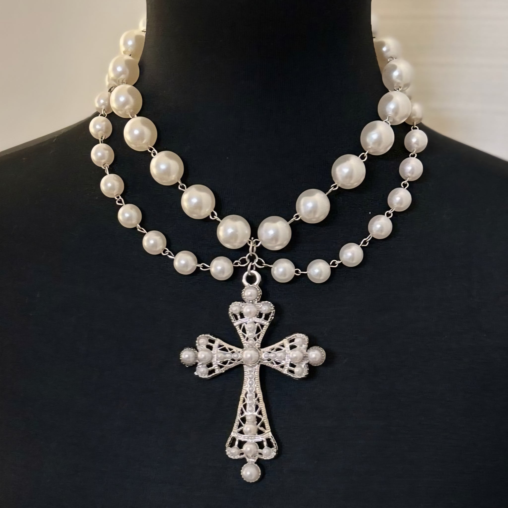 Baroque pearlescent beaded cross necklace – Gia Monet Accessories