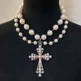 Baroque pearlescent beaded cross necklace