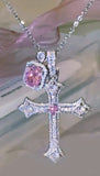 Pink and clear rhinestone cross pendant necklace