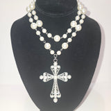 Pearlescent beaded double necklace with cross pendant