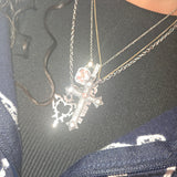 Pink and clear rhinestone cross pendant necklace