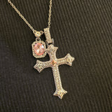 Pink and clear rhinestone cross pendant necklace