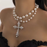 Baroque pearlescent beaded cross necklace