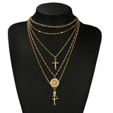 Fashion layered chain necklace with cross and rose pendant