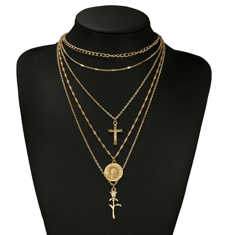 Fashion layered chain necklace with cross and rose pendant