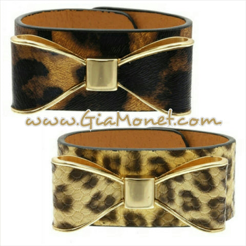 Gia Monet leatherette bow leather cuff animal print cheetah leopard trendy bracelet