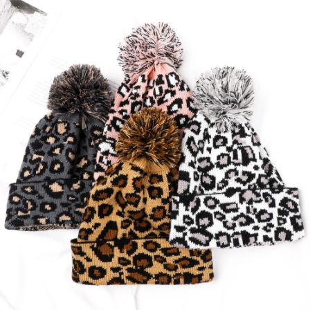 Gia Monet Pom Pom soft leopard beanie (brown, gray, white, pink)